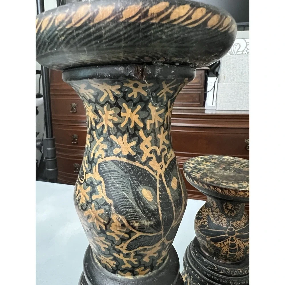 Vtg Indonesian Hand Carved Wooden‎ Batik Butterfly Dragonfly Candle Holders 2pc
